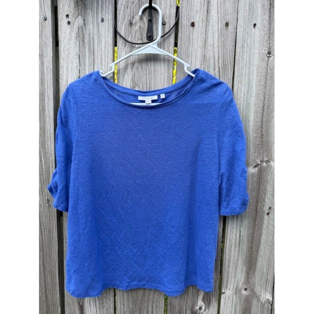 Linen Chicos T-Shirt Womens 2 L Blue Ruched Sleeve Round Neck Solid Casual Top